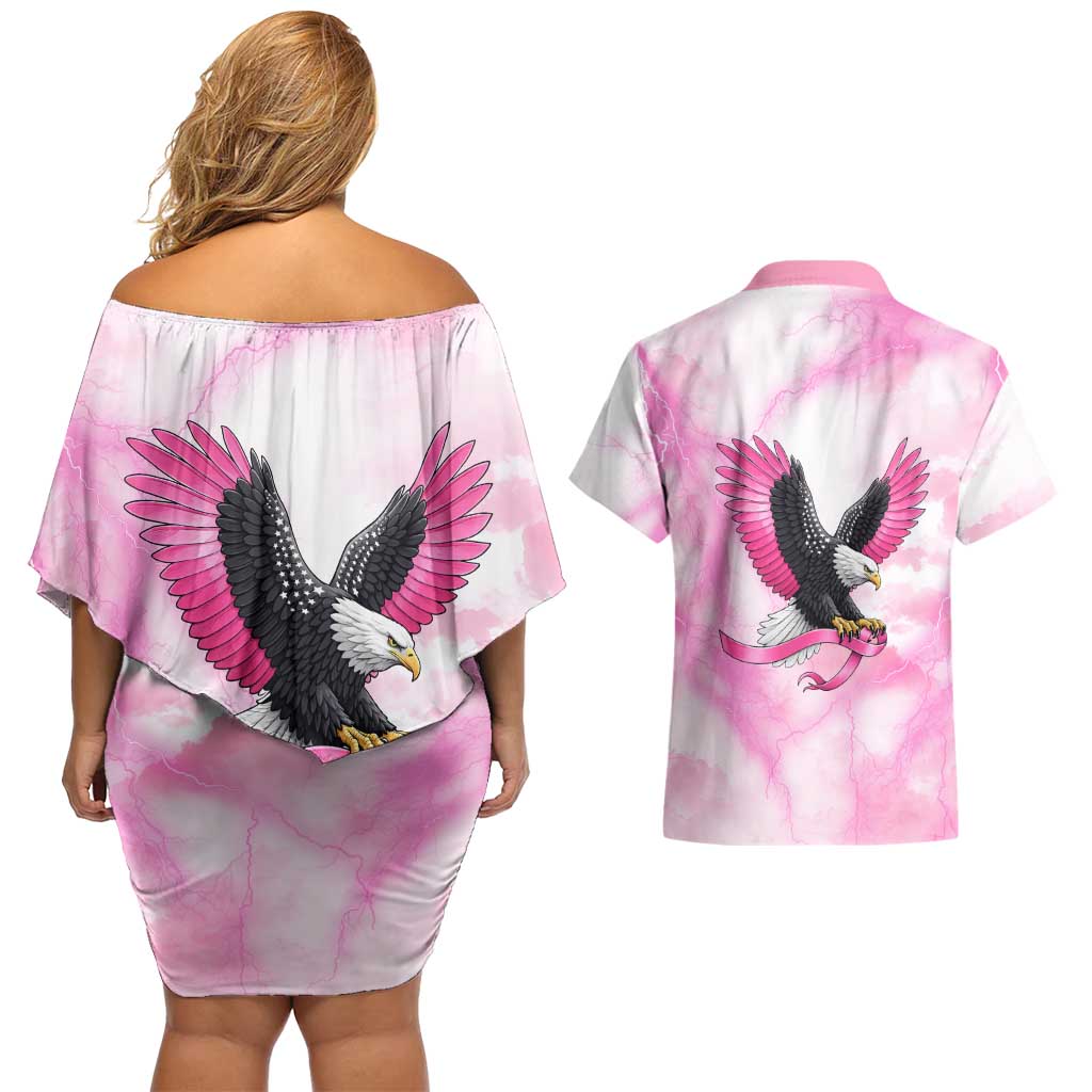 Pink Ribbon American Eagle Couples Matching Off Shoulder Short Dress and Hawaiian Shirt Breast Cancer Awareness - Be Stronger Than The Storm