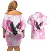 Pink Ribbon American Eagle Couples Matching Off Shoulder Short Dress and Hawaiian Shirt Breast Cancer Awareness - Be Stronger Than The Storm