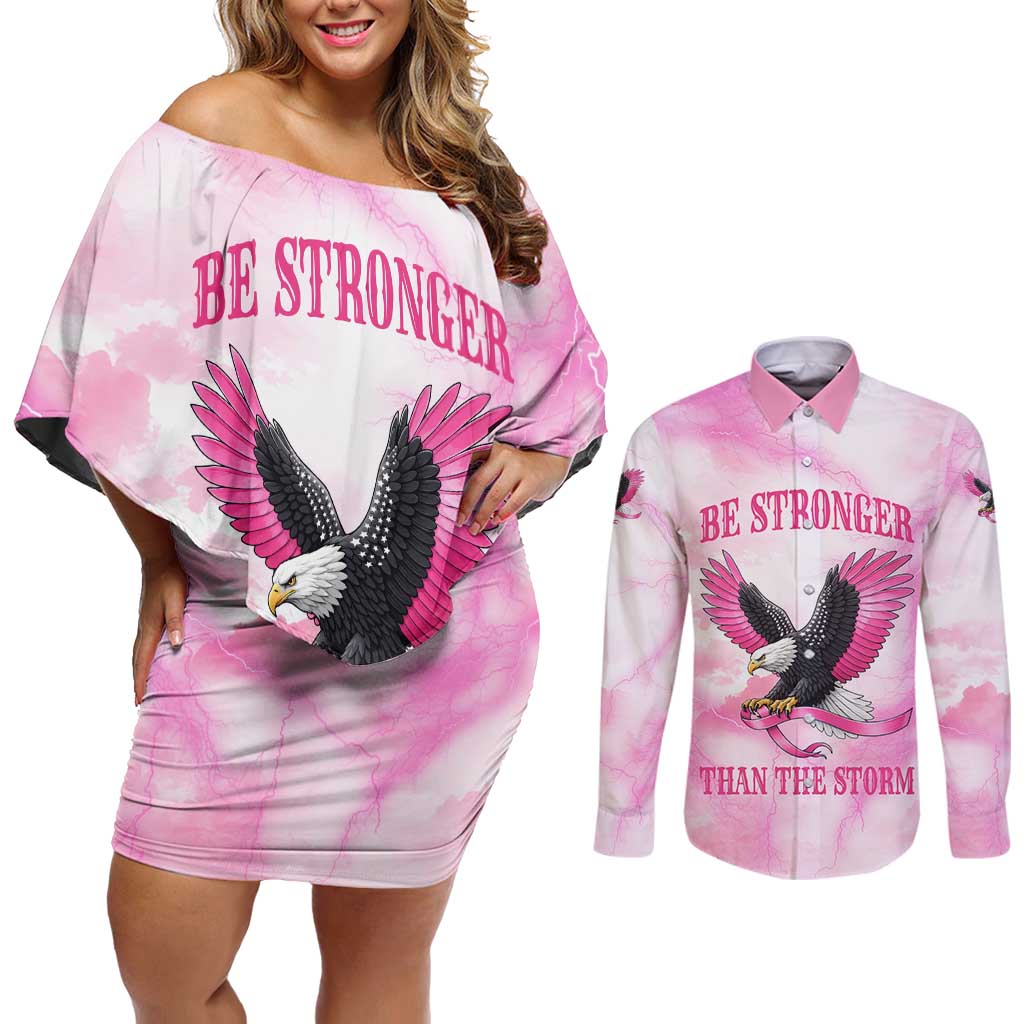 Pink Ribbon American Eagle Couples Matching Off Shoulder Short Dress and Long Sleeve Button Shirt Breast Cancer Awareness - Be Stronger Than The Storm