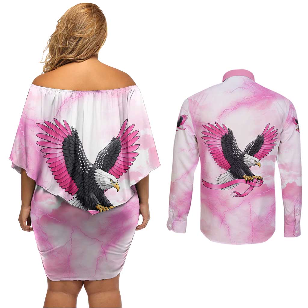 Pink Ribbon American Eagle Couples Matching Off Shoulder Short Dress and Long Sleeve Button Shirt Breast Cancer Awareness - Be Stronger Than The Storm