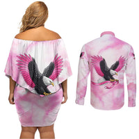 Pink Ribbon American Eagle Couples Matching Off Shoulder Short Dress and Long Sleeve Button Shirt Breast Cancer Awareness - Be Stronger Than The Storm