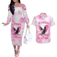 Pink Ribbon American Eagle Couples Matching Off The Shoulder Long Sleeve Dress and Hawaiian Shirt Breast Cancer Awareness - Be Stronger Than The Storm