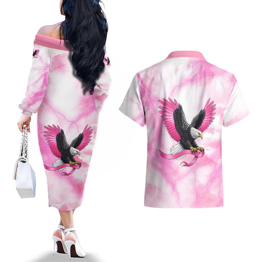 Pink Ribbon American Eagle Couples Matching Off The Shoulder Long Sleeve Dress and Hawaiian Shirt Breast Cancer Awareness - Be Stronger Than The Storm