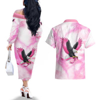 Pink Ribbon American Eagle Couples Matching Off The Shoulder Long Sleeve Dress and Hawaiian Shirt Breast Cancer Awareness - Be Stronger Than The Storm