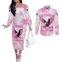 Pink Ribbon American Eagle Couples Matching Off The Shoulder Long Sleeve Dress and Long Sleeve Button Shirt Breast Cancer Awareness - Be Stronger Than The Storm