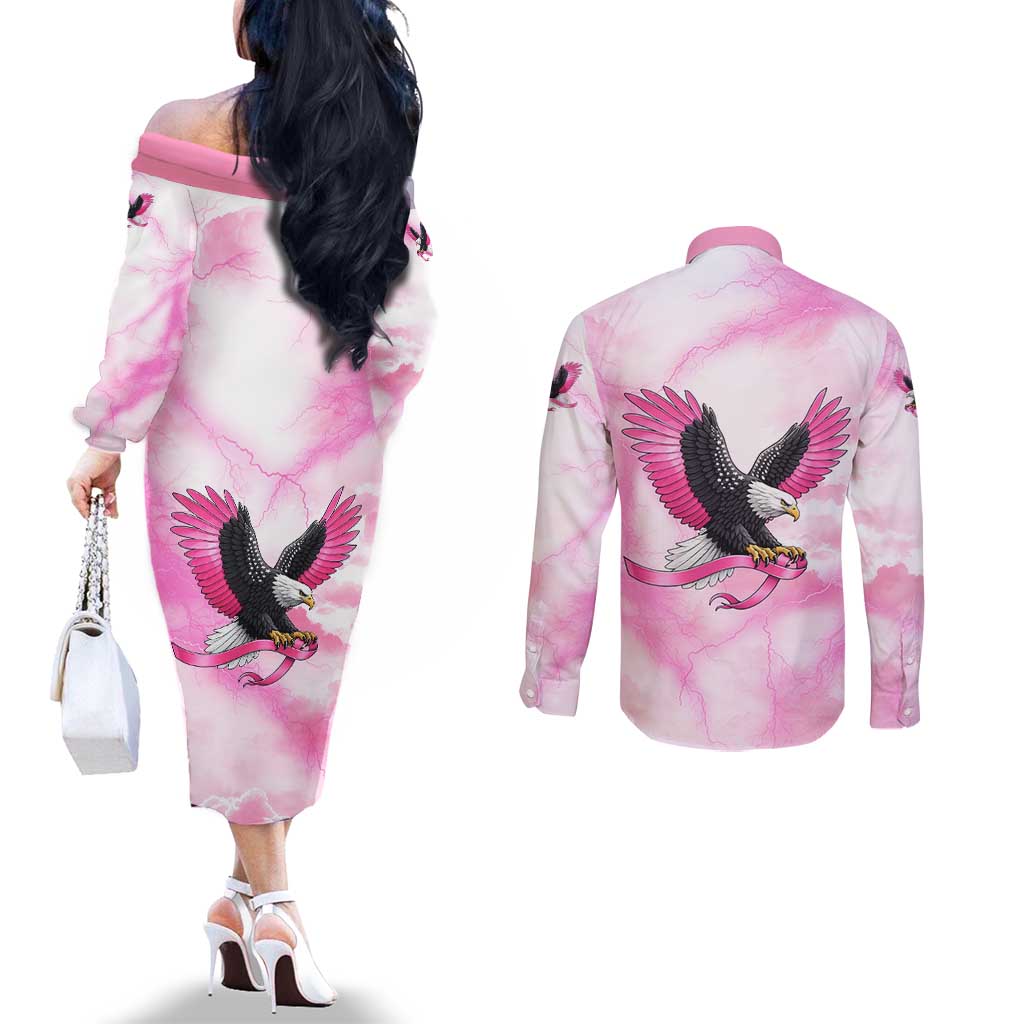 Pink Ribbon American Eagle Couples Matching Off The Shoulder Long Sleeve Dress and Long Sleeve Button Shirt Breast Cancer Awareness - Be Stronger Than The Storm