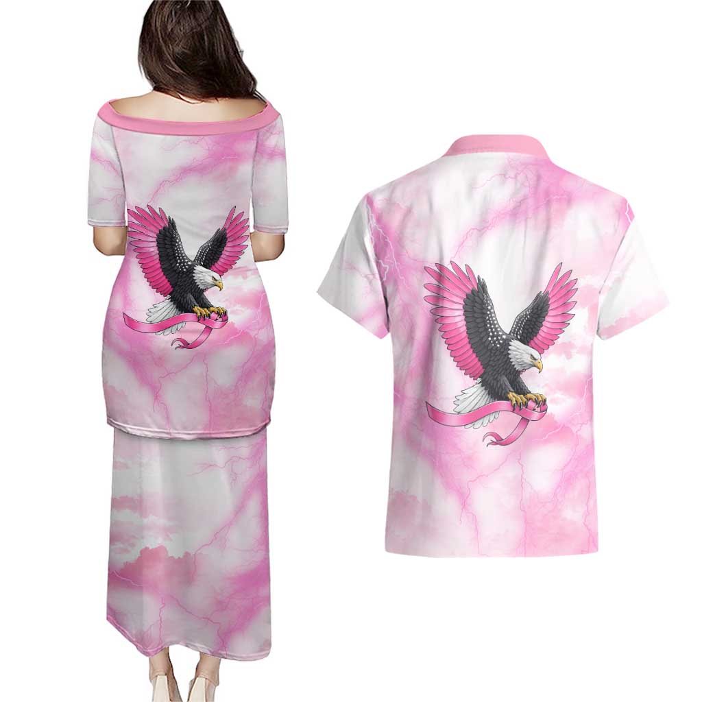 Pink Ribbon American Eagle Couples Matching Puletasi and Hawaiian Shirt Breast Cancer Awareness - Be Stronger Than The Storm