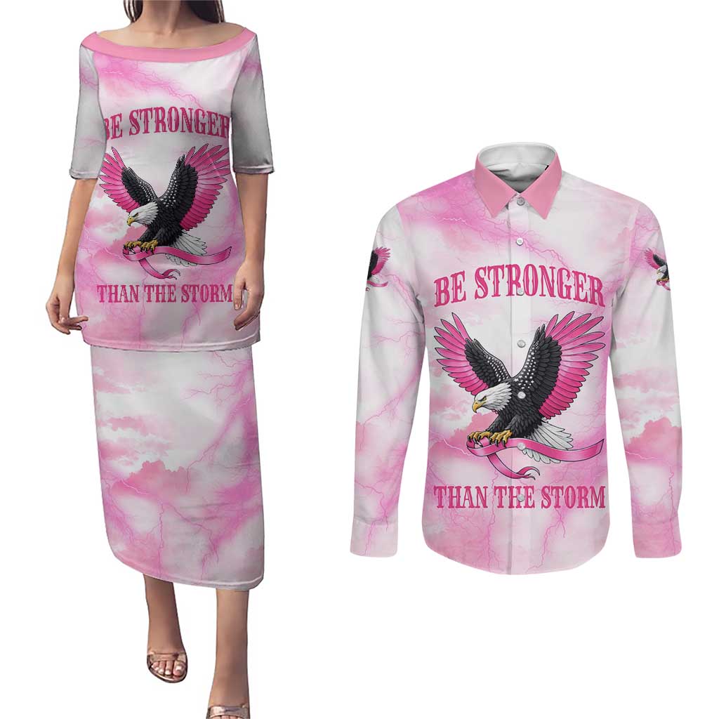 Pink Ribbon American Eagle Couples Matching Puletasi and Long Sleeve Button Shirt Breast Cancer Awareness - Be Stronger Than The Storm