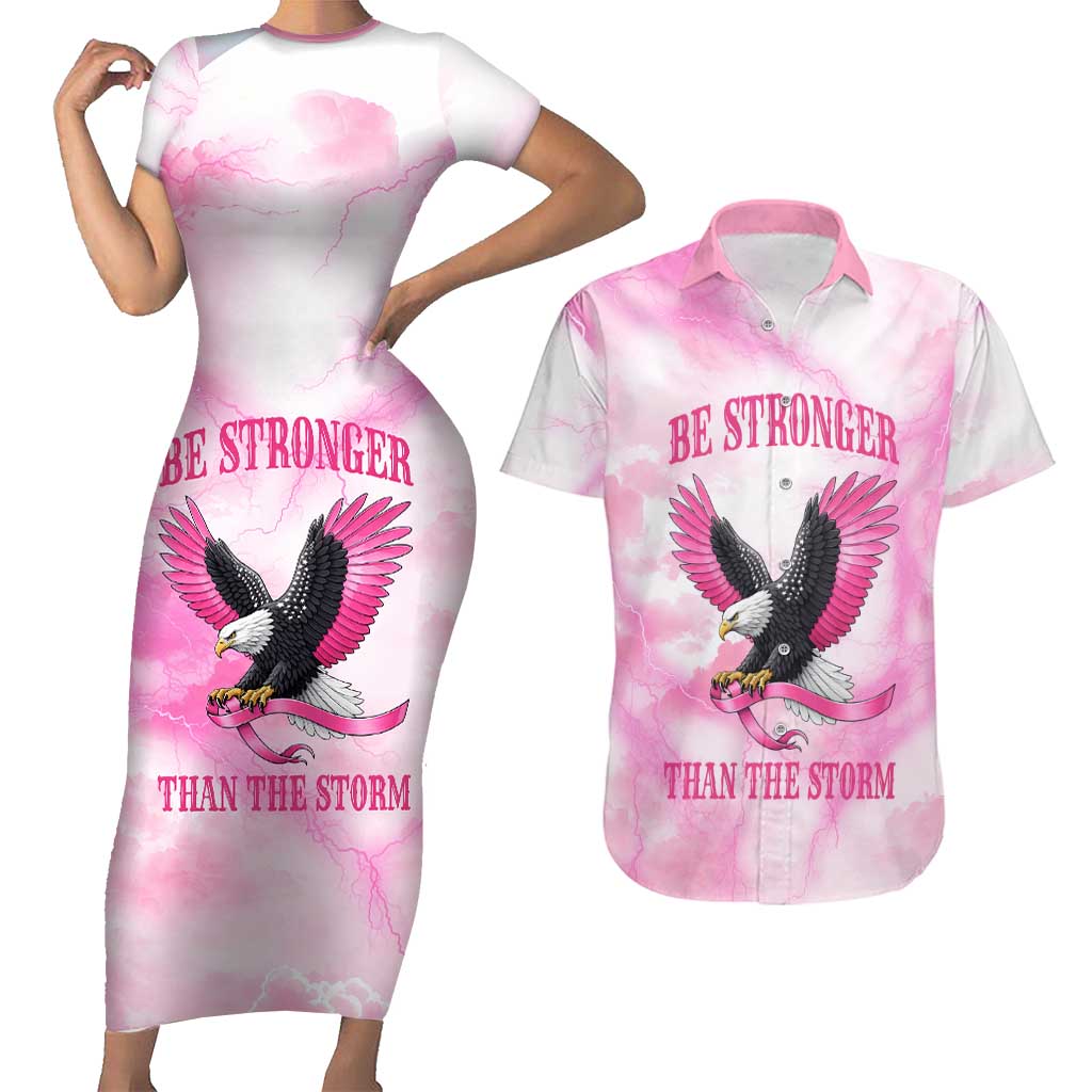 Pink Ribbon American Eagle Couples Matching Short Sleeve Bodycon Dress and Hawaiian Shirt Breast Cancer Awareness - Be Stronger Than The Storm