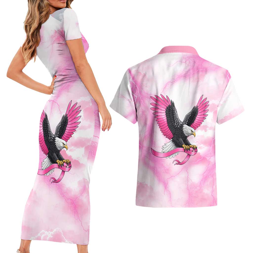 Pink Ribbon American Eagle Couples Matching Short Sleeve Bodycon Dress and Hawaiian Shirt Breast Cancer Awareness - Be Stronger Than The Storm