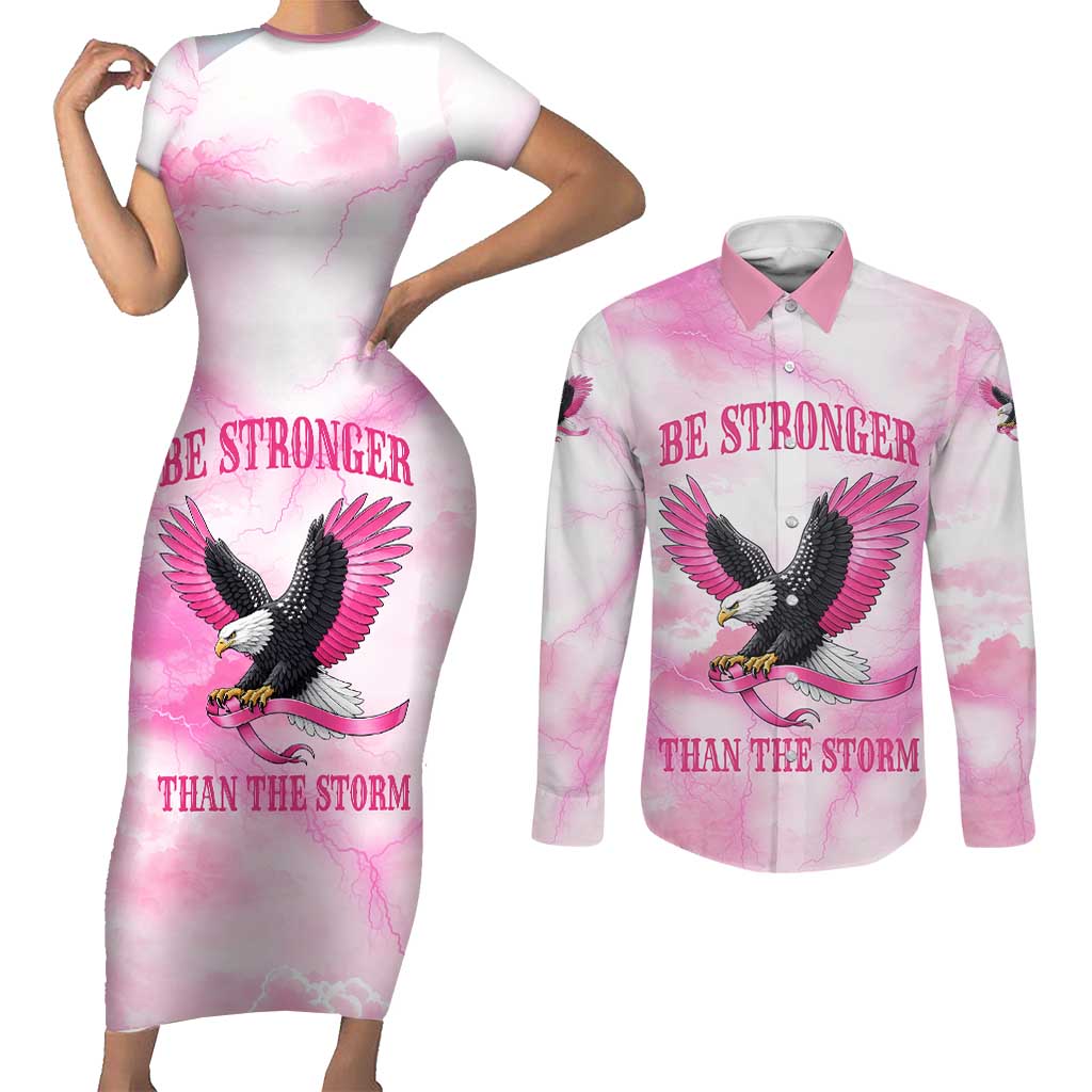 Pink Ribbon American Eagle Couples Matching Short Sleeve Bodycon Dress and Long Sleeve Button Shirt Breast Cancer Awareness - Be Stronger Than The Storm