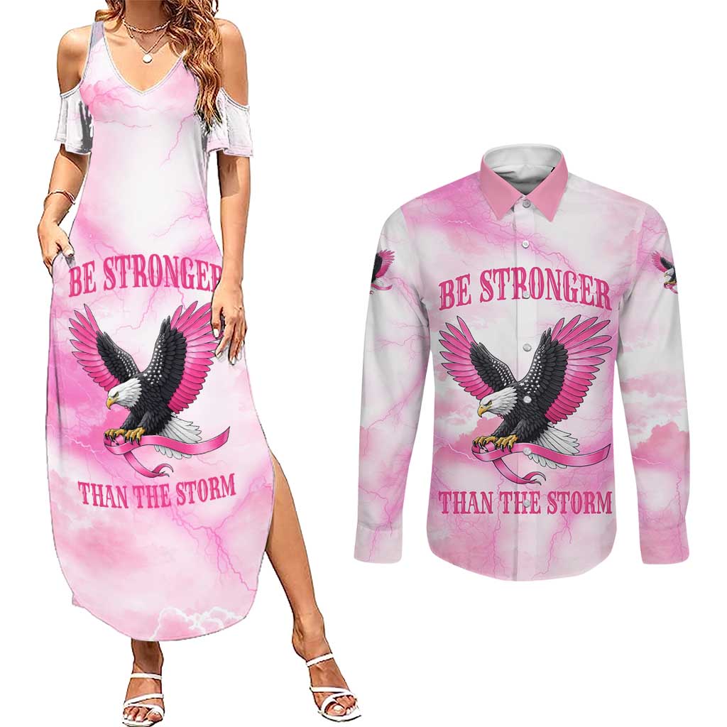 Pink Ribbon American Eagle Couples Matching Summer Maxi Dress and Long Sleeve Button Shirt Breast Cancer Awareness - Be Stronger Than The Storm