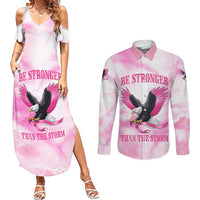 Pink Ribbon American Eagle Couples Matching Summer Maxi Dress and Long Sleeve Button Shirt Breast Cancer Awareness - Be Stronger Than The Storm
