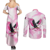 Pink Ribbon American Eagle Couples Matching Summer Maxi Dress and Long Sleeve Button Shirt Breast Cancer Awareness - Be Stronger Than The Storm