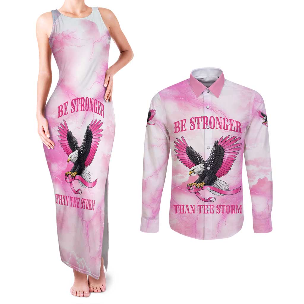Pink Ribbon American Eagle Couples Matching Tank Maxi Dress and Long Sleeve Button Shirt Breast Cancer Awareness - Be Stronger Than The Storm
