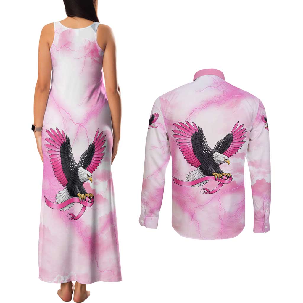 Pink Ribbon American Eagle Couples Matching Tank Maxi Dress and Long Sleeve Button Shirt Breast Cancer Awareness - Be Stronger Than The Storm