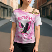 Pink Ribbon American Eagle Cross Shoulder Shirt Breast Cancer Awareness - Be Stronger Than The Storm