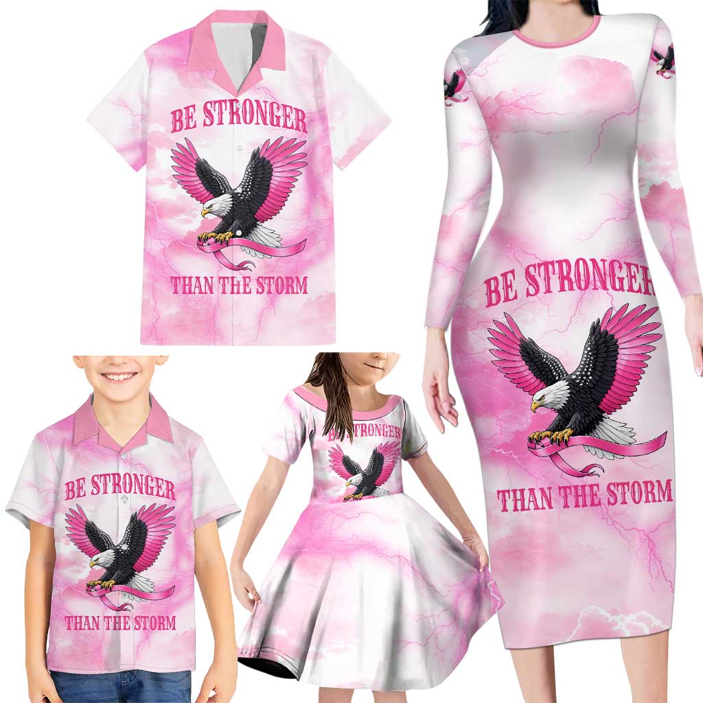 Pink Ribbon American Eagle Family Matching Long Sleeve Bodycon Dress and Hawaiian Shirt Breast Cancer Awareness - Be Stronger Than The Storm