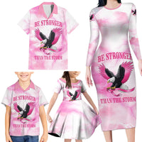 Pink Ribbon American Eagle Family Matching Long Sleeve Bodycon Dress and Hawaiian Shirt Breast Cancer Awareness - Be Stronger Than The Storm