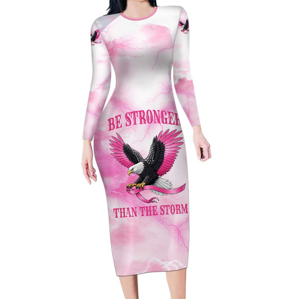 Pink Ribbon American Eagle Family Matching Long Sleeve Bodycon Dress and Hawaiian Shirt Breast Cancer Awareness - Be Stronger Than The Storm