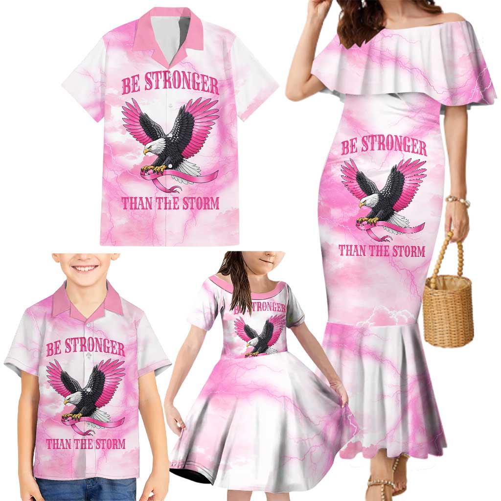 Pink Ribbon American Eagle Family Matching Mermaid Dress and Hawaiian Shirt Breast Cancer Awareness - Be Stronger Than The Storm