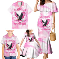 Pink Ribbon American Eagle Family Matching Mermaid Dress and Hawaiian Shirt Breast Cancer Awareness - Be Stronger Than The Storm
