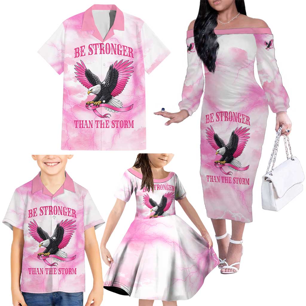 Pink Ribbon American Eagle Family Matching Off The Shoulder Long Sleeve Dress and Hawaiian Shirt Breast Cancer Awareness - Be Stronger Than The Storm