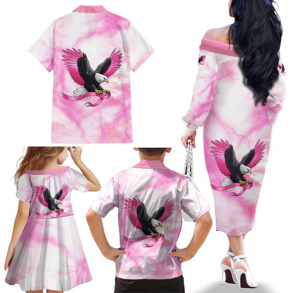 Pink Ribbon American Eagle Family Matching Off The Shoulder Long Sleeve Dress and Hawaiian Shirt Breast Cancer Awareness - Be Stronger Than The Storm
