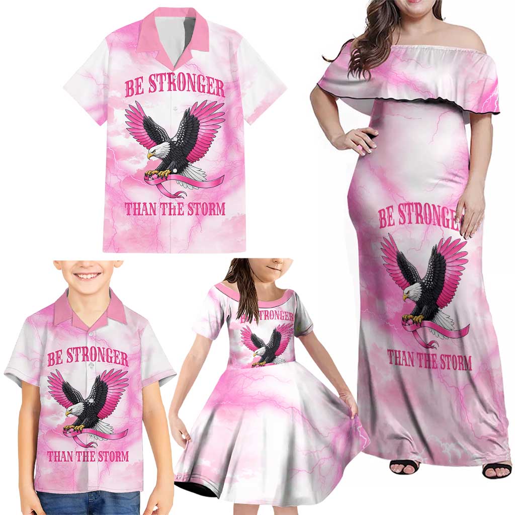 Pink Ribbon American Eagle Family Matching Off Shoulder Maxi Dress and Hawaiian Shirt Breast Cancer Awareness - Be Stronger Than The Storm