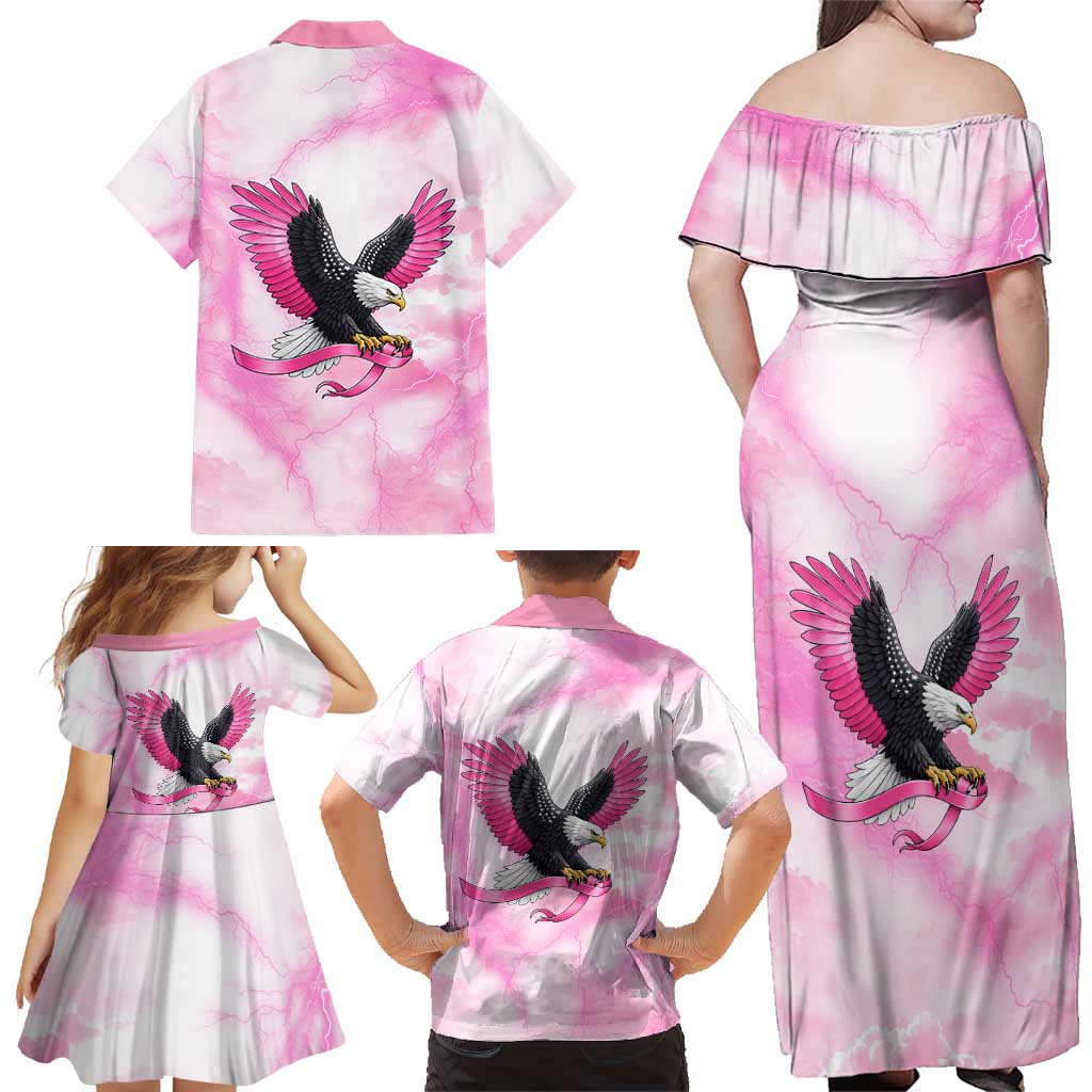 Pink Ribbon American Eagle Family Matching Off Shoulder Maxi Dress and Hawaiian Shirt Breast Cancer Awareness - Be Stronger Than The Storm