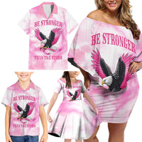 Pink Ribbon American Eagle Family Matching Off Shoulder Short Dress and Hawaiian Shirt Breast Cancer Awareness - Be Stronger Than The Storm
