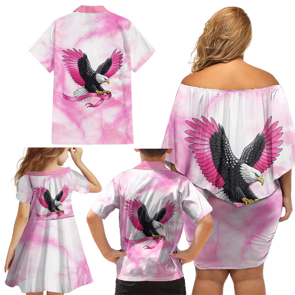 Pink Ribbon American Eagle Family Matching Off Shoulder Short Dress and Hawaiian Shirt Breast Cancer Awareness - Be Stronger Than The Storm