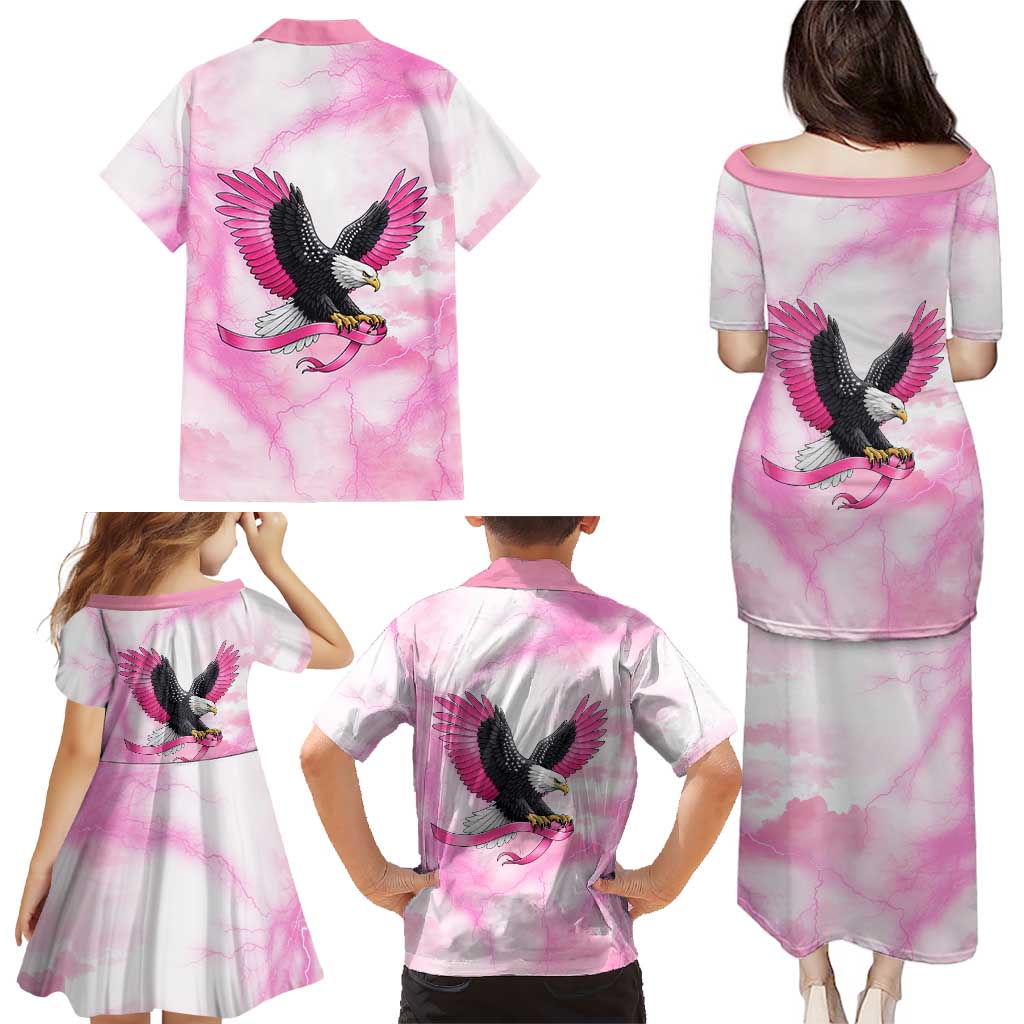 Pink Ribbon American Eagle Family Matching Puletasi and Hawaiian Shirt Breast Cancer Awareness - Be Stronger Than The Storm