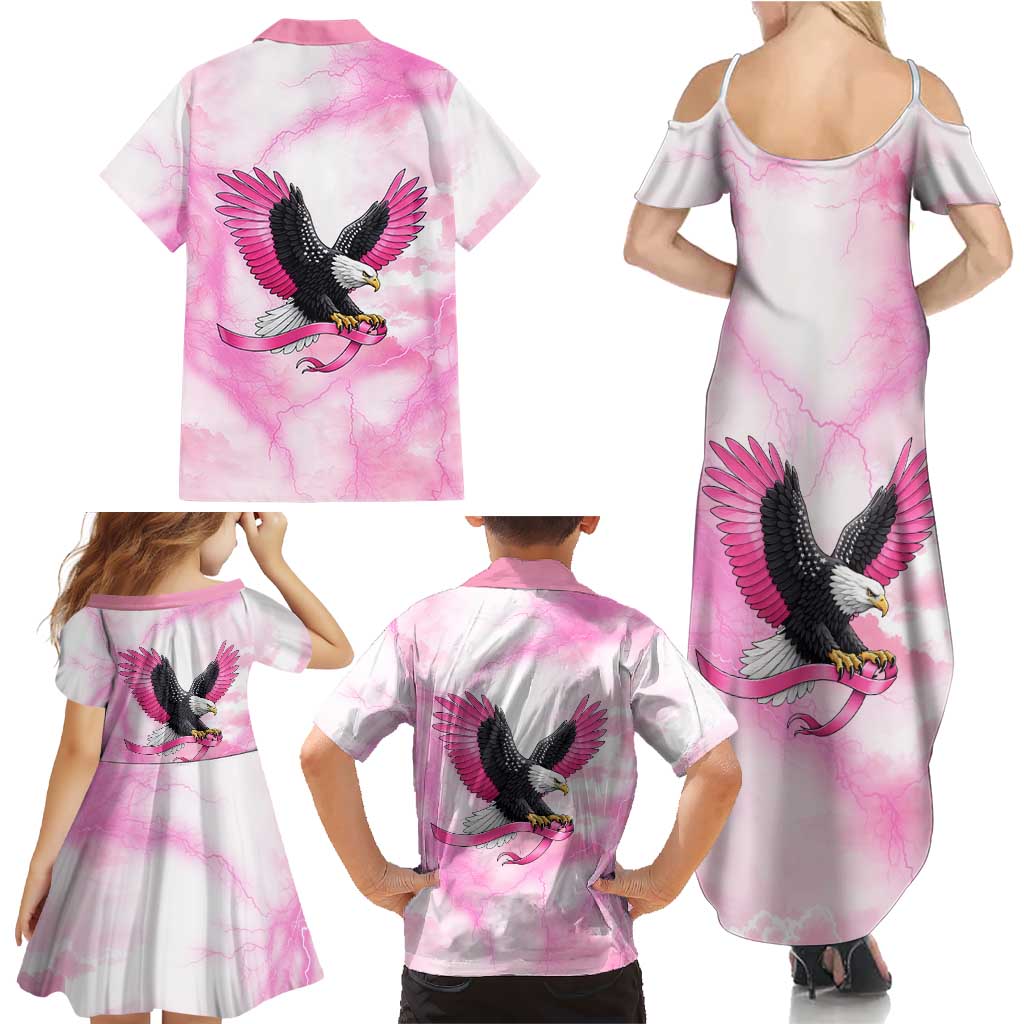 Pink Ribbon American Eagle Family Matching Summer Maxi Dress and Hawaiian Shirt Breast Cancer Awareness - Be Stronger Than The Storm