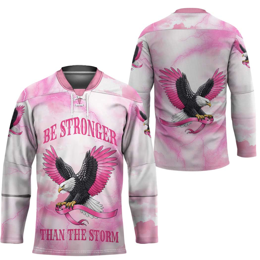 Pink Ribbon American Eagle Hockey Jersey Breast Cancer Awareness - Be Stronger Than The Storm