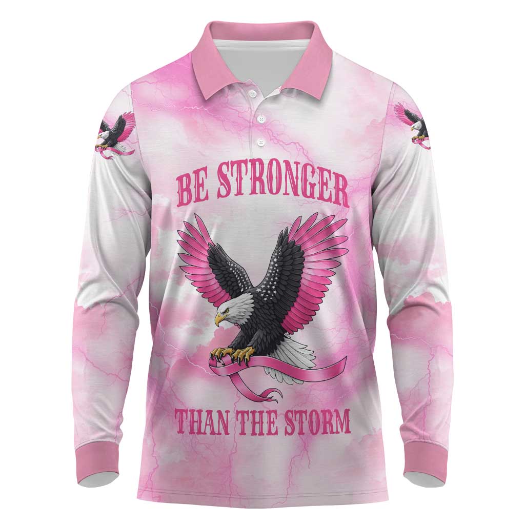 Pink Ribbon American Eagle Long Sleeve Polo Shirt Breast Cancer Awareness - Be Stronger Than The Storm