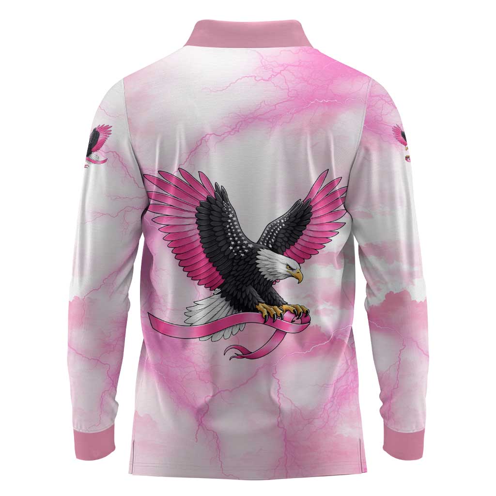 Pink Ribbon American Eagle Long Sleeve Polo Shirt Breast Cancer Awareness - Be Stronger Than The Storm