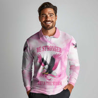Pink Ribbon American Eagle Long Sleeve Polo Shirt Breast Cancer Awareness - Be Stronger Than The Storm