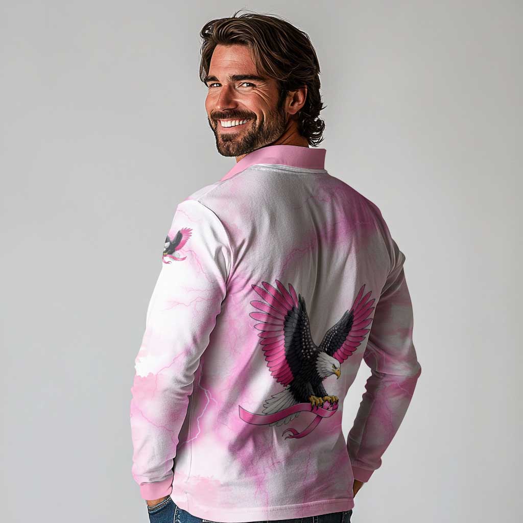 Pink Ribbon American Eagle Long Sleeve Polo Shirt Breast Cancer Awareness - Be Stronger Than The Storm