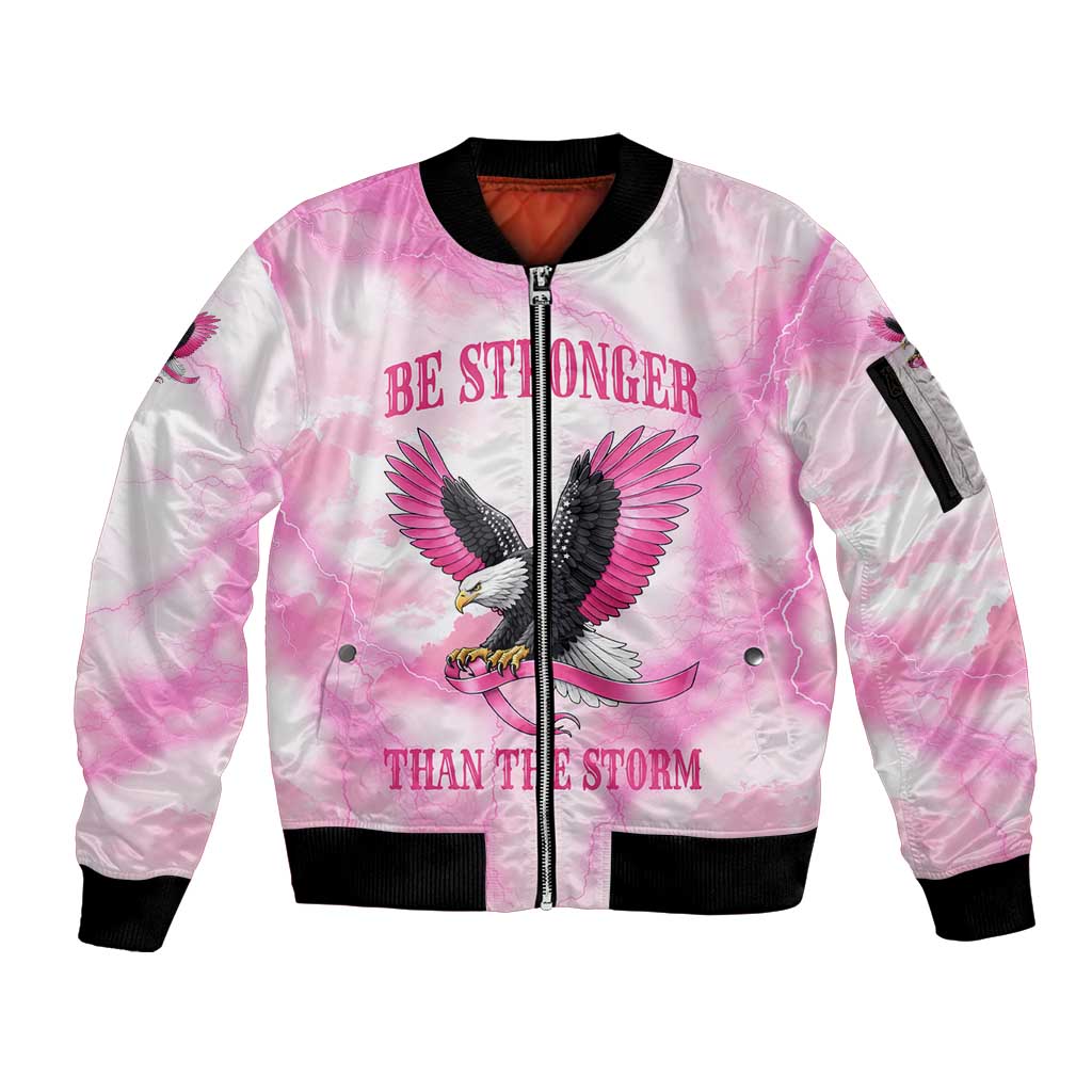 Pink Ribbon American Eagle Sleeve Zip Bomber Jacket Breast Cancer Awareness - Be Stronger Than The Storm