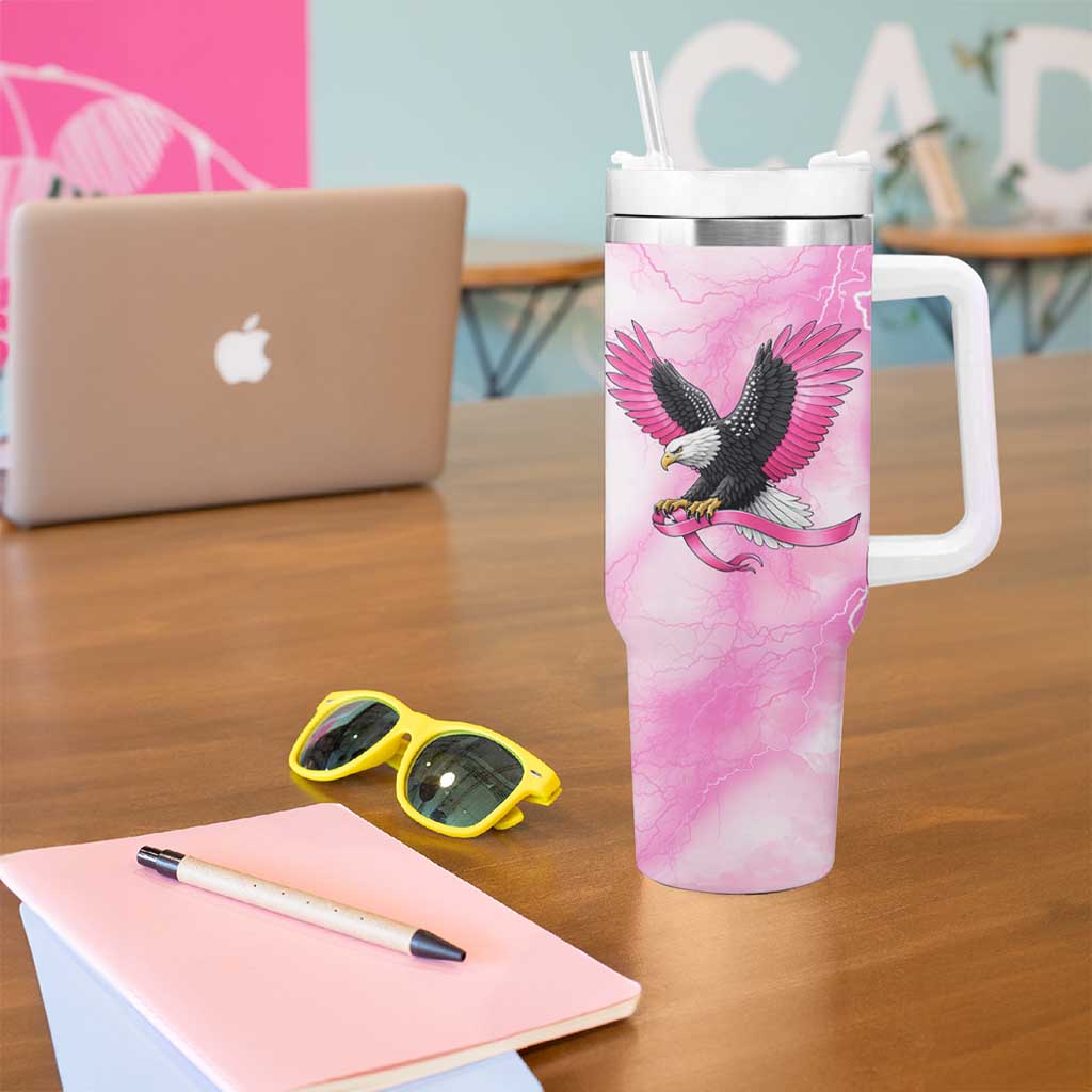 Pink Ribbon American Eagle Tumbler With Handle Breast Cancer Awareness - Be Stronger Than The Storm