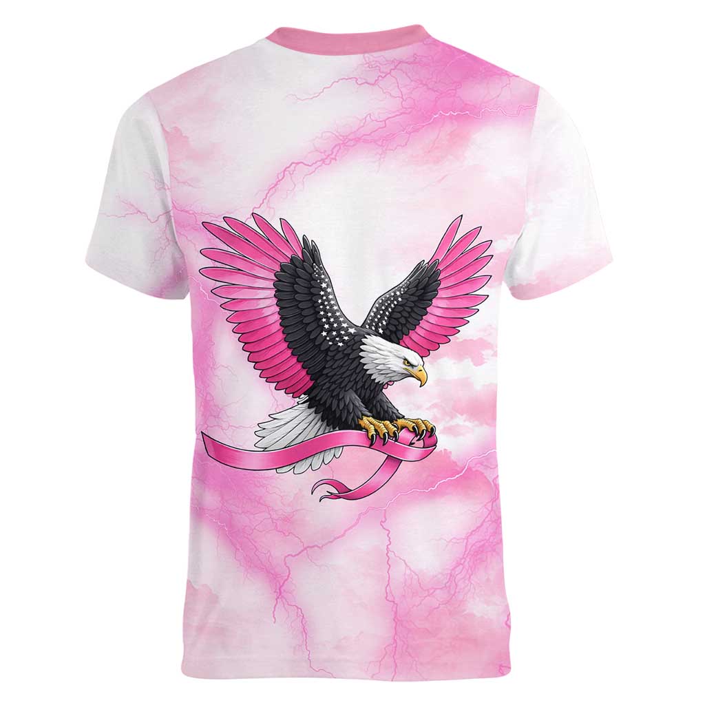 Pink Ribbon American Eagle Women V-Neck T-Shirt Breast Cancer Awareness - Be Stronger Than The Storm