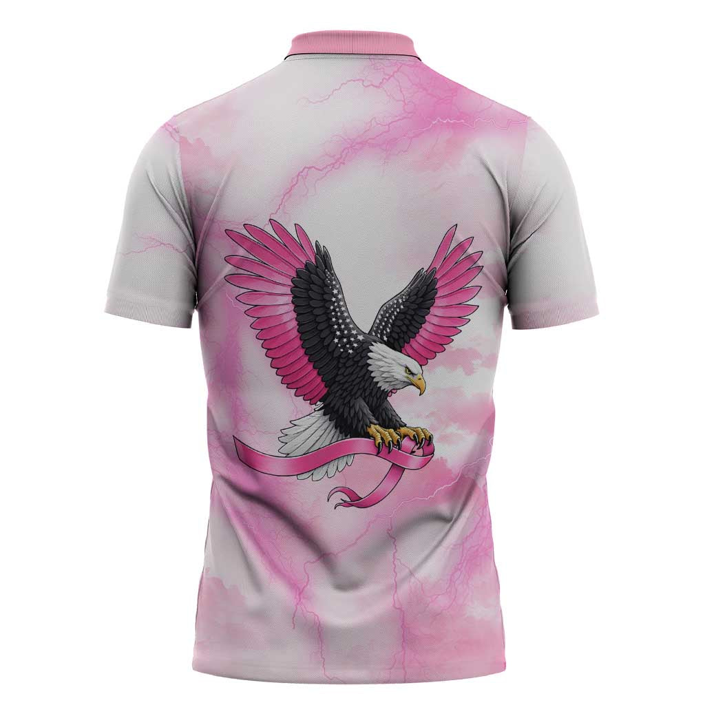 Pink Ribbon American Eagle Zipper Polo Shirt Breast Cancer Awareness - Be Stronger Than The Storm