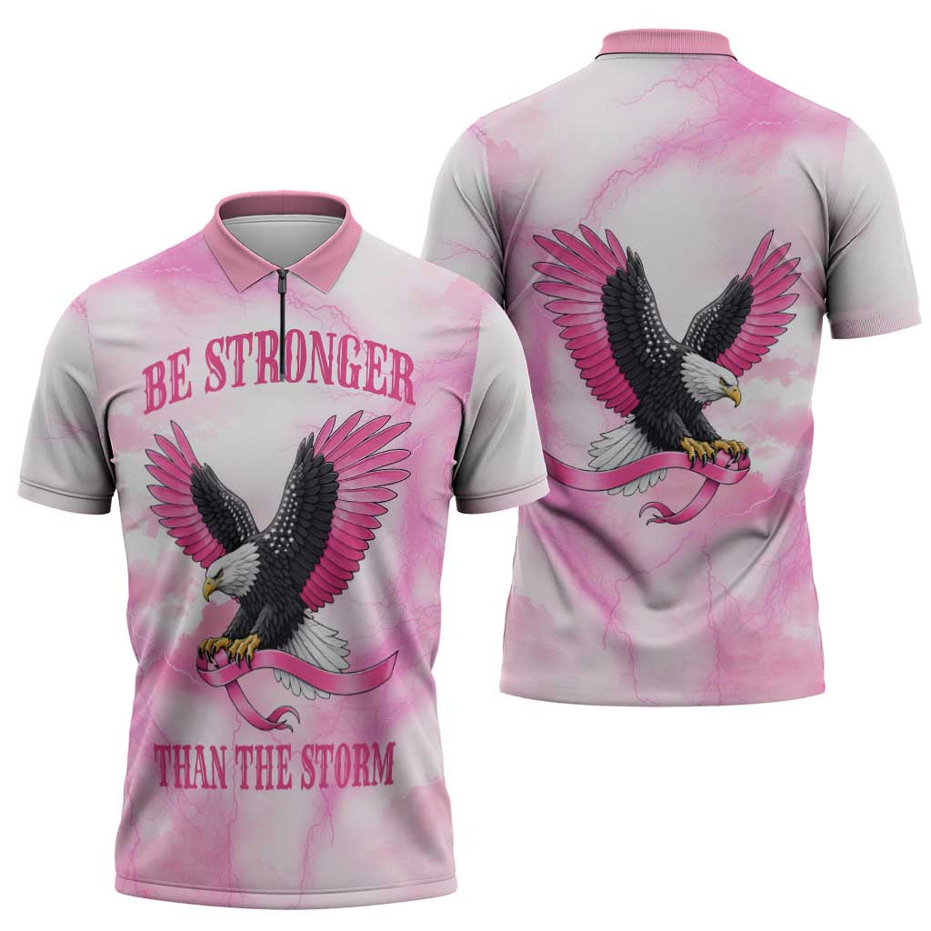 Pink Ribbon American Eagle Zipper Polo Shirt Breast Cancer Awareness - Be Stronger Than The Storm
