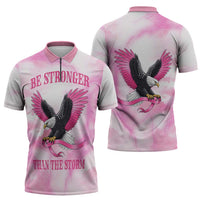 Pink Ribbon American Eagle Zipper Polo Shirt Breast Cancer Awareness - Be Stronger Than The Storm