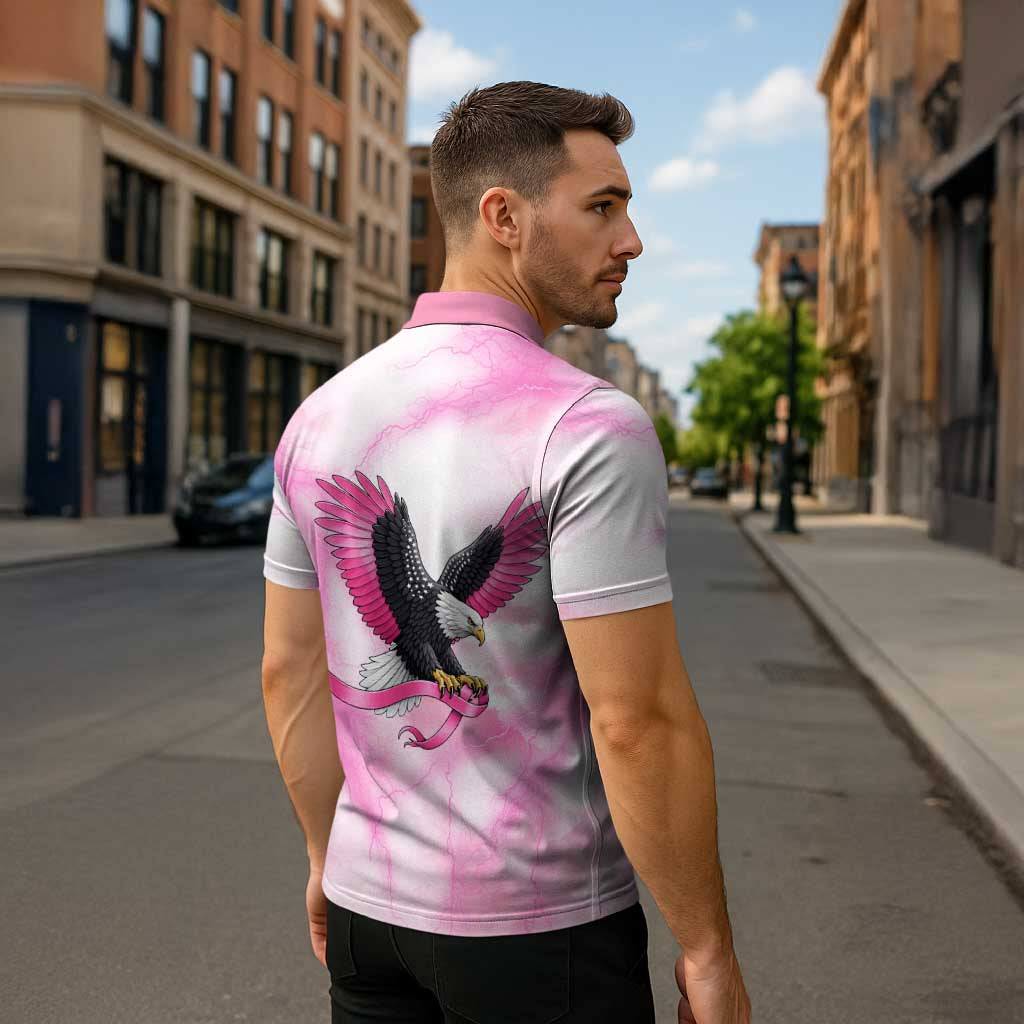 Pink Ribbon American Eagle Zipper Polo Shirt Breast Cancer Awareness - Be Stronger Than The Storm