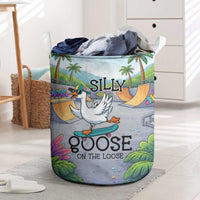 Funny Silly Goose on The Loose Laundry Basket with Skateboard and Palm Trees