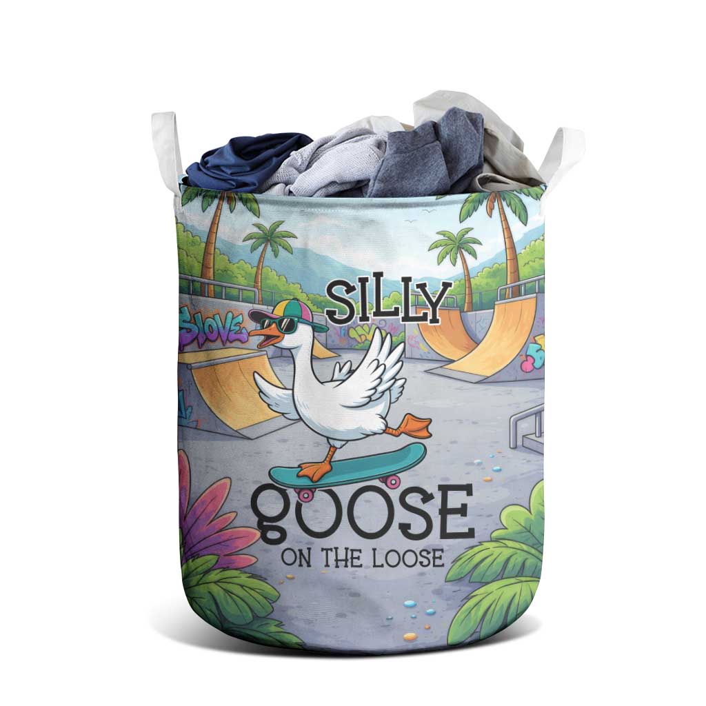 Funny Silly Goose on The Loose Laundry Basket with Skateboard and Palm Trees