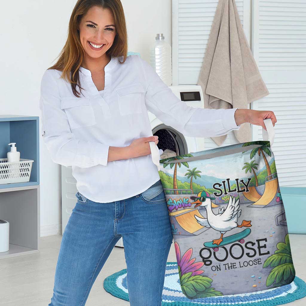 Funny Silly Goose on The Loose Laundry Basket with Skateboard and Palm Trees
