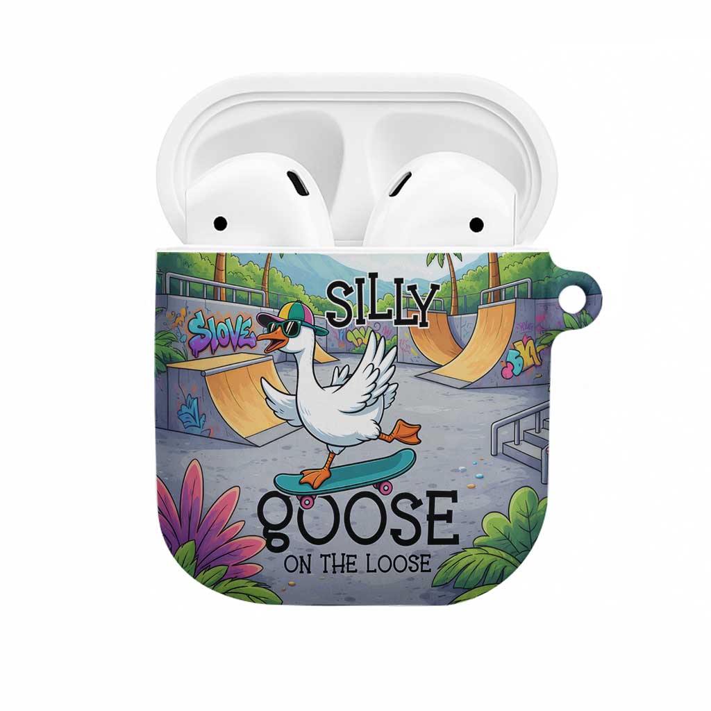 Funny Silly Goose on The Loose AirPods Case with Skateboard and Palm Trees